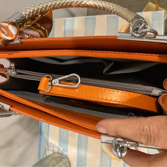 MG Collection Orange Faux Patent Leather Satchel with Scarf Accent - Picture 5 of 7